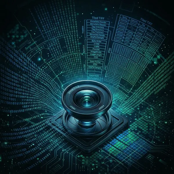A smartphone camera lens surrounded by abstract binary data streams and TIFF file grid patterns