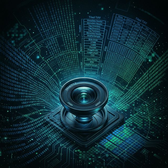 A smartphone camera lens surrounded by abstract binary data streams and TIFF file grid patterns